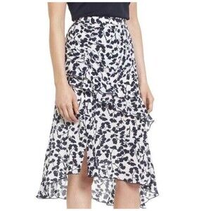 Lewit Size 6 Ruffled 100% Silk Midi Skirt White & Black Floral